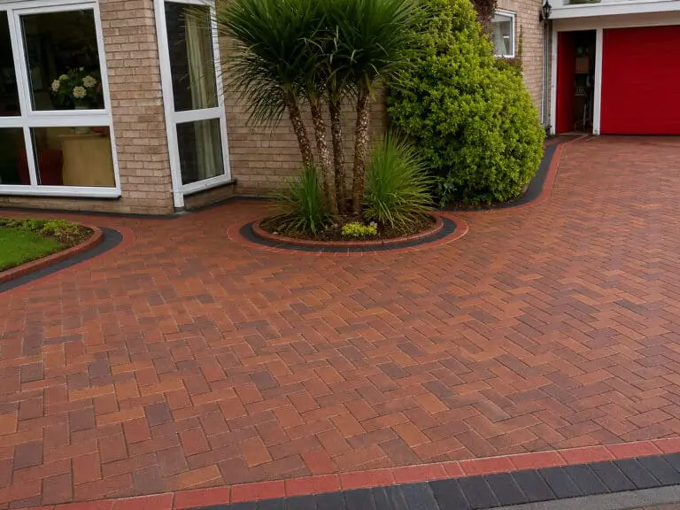 A brick driveway with a herringbone pattern leads to a red garage door. The driveway is bordered by black and red bricks, and there are green plants and shrubs near the house entrance.