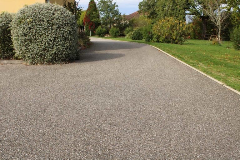 Curved asphalt driveway bordered by green grass, shrubs, and trees, with part of a yellow building visible on the left side.
