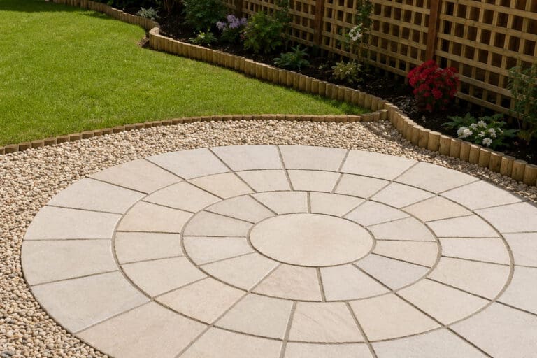 Circular stone patio with a geometric pattern, bordered by gravel. Behind it, a curved lawn edge leads to a flower bed with various plants and a wooden trellis fence.