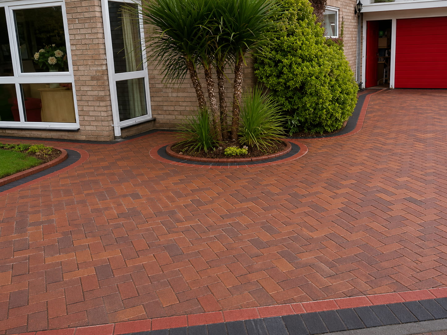 A brick driveway with a herringbone pattern leads to a red garage door. The driveway is bordered by black and red bricks, and there are green plants and shrubs near the house entrance.