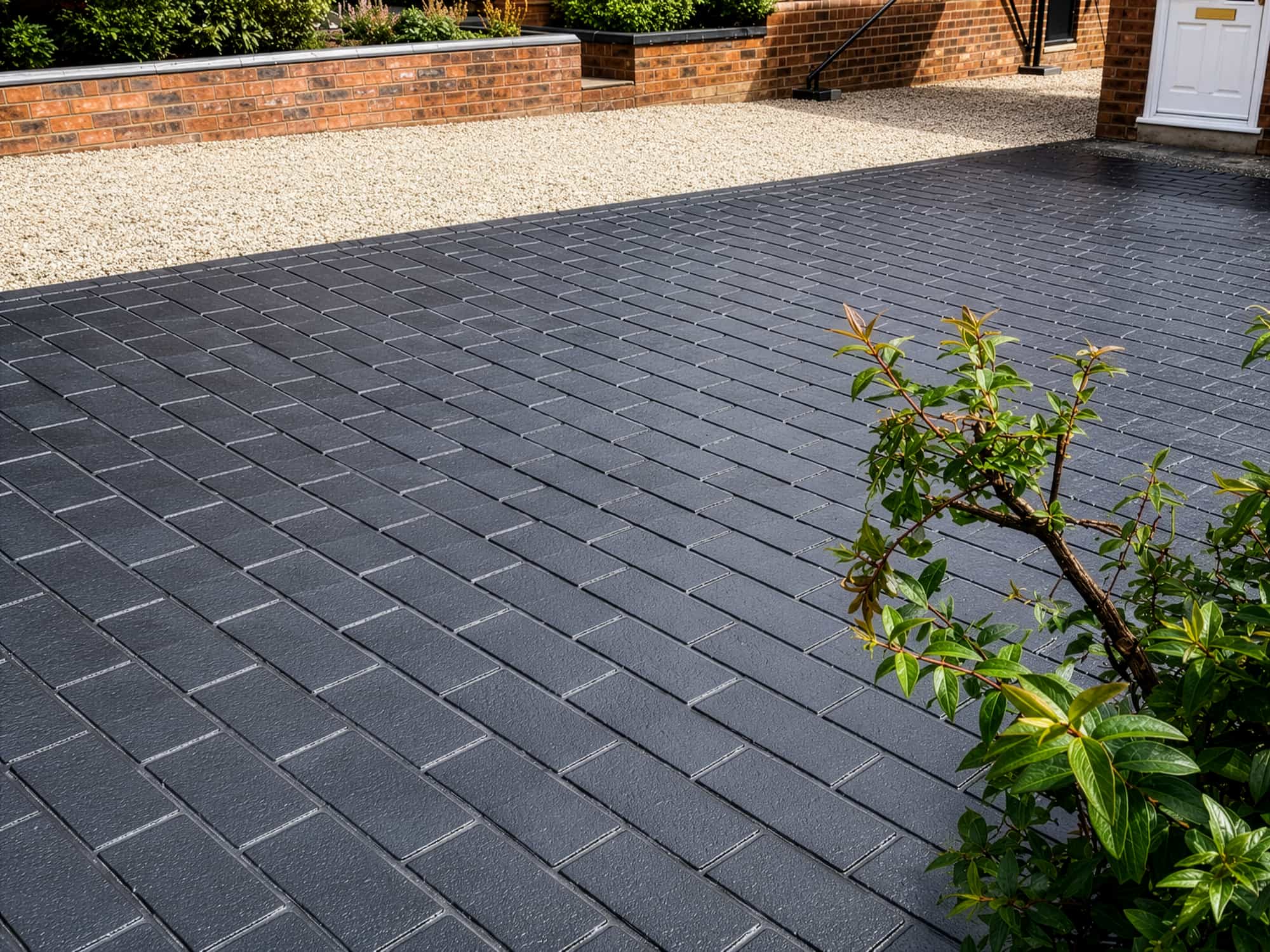Black rectangular paving stones form a clean driveway in front of a brick house, with a gravel area and green shrub on the side. Steps lead to a white door in the background.